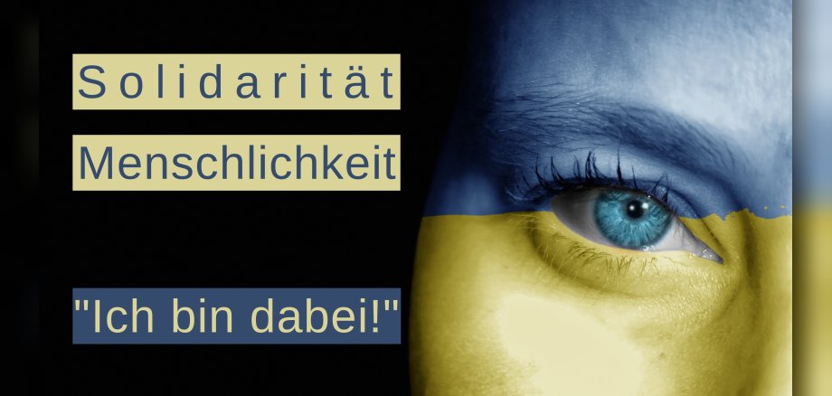 Gesicht einer bemalt mit blau und gelb mii Text Solidarität und Menschlichkeit - Ich bin dabei!