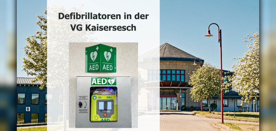 Verwaltungsgebäude im Hintergrund mit einem Hinweis auf Defibrillatoren Verwaltungsgebäude im Hintergrund mit einem Hinweis auf Defibrillatoren