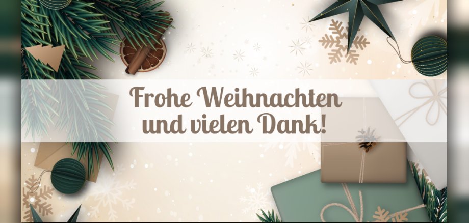 Das Bild zeigt eine festliche Weihnachtskarte mit dem Text "Frohe Weihnachten und vielen Dank!" in der Mitte auf einem transparenten Banner. Rund um diesen Text sind weihnachtliche Elemente arrangiert, darunter Tannenzweige, Zimtstangen, getrocknete Orangenscheiben, Geschenke, Sterne und Schneeflocken auf einem hellen, leicht beigen Hintergrund.