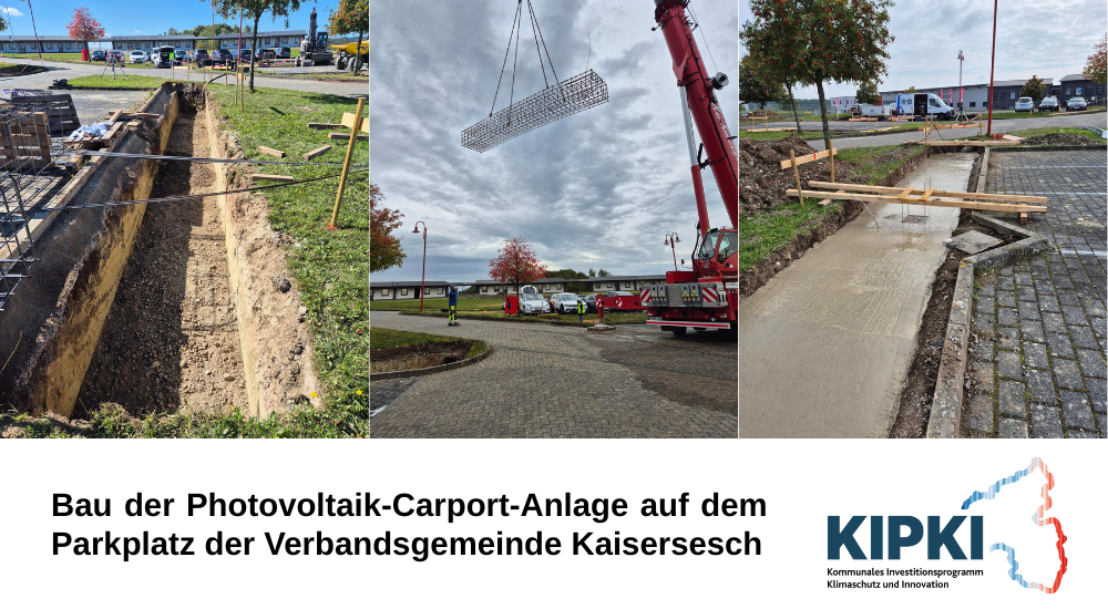 Collage zu den Bauarbeiten der Photovoltaik-Carport-Anlage auf dem Parkplatz vor der Verbandsgemeindeverwaltung.