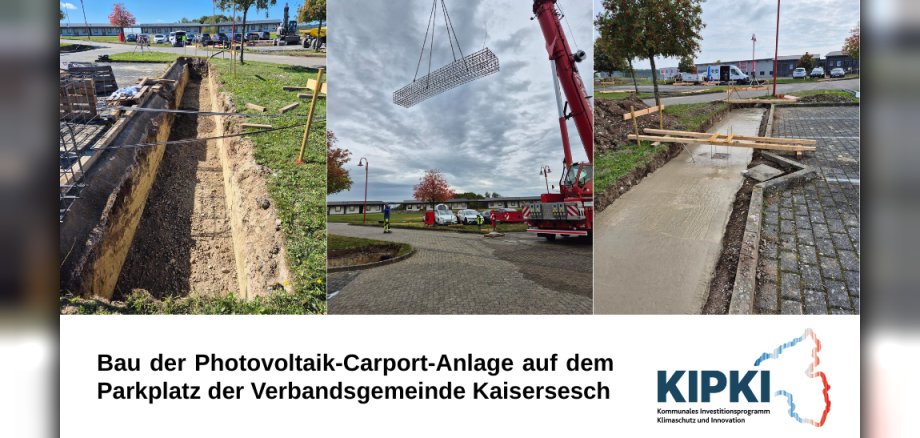 Collage zu den Bauarbeiten der Photovoltaik-Carport-Anlage auf dem Parkplatz vor der Verbandsgemeindeverwaltung.