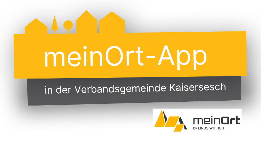 Logo der meinOrt-Application. Eine Häuserfront ist gelblich hinterlegt und mit den Schriftzügen der meinOrt-Applikation und der Verbandsgemeinde Kaisersesch versehen. Zusätzlich ist ein Hinweis auf den Linus Wittich Verlag, als Herausgeber der Applikation, zu sehen.