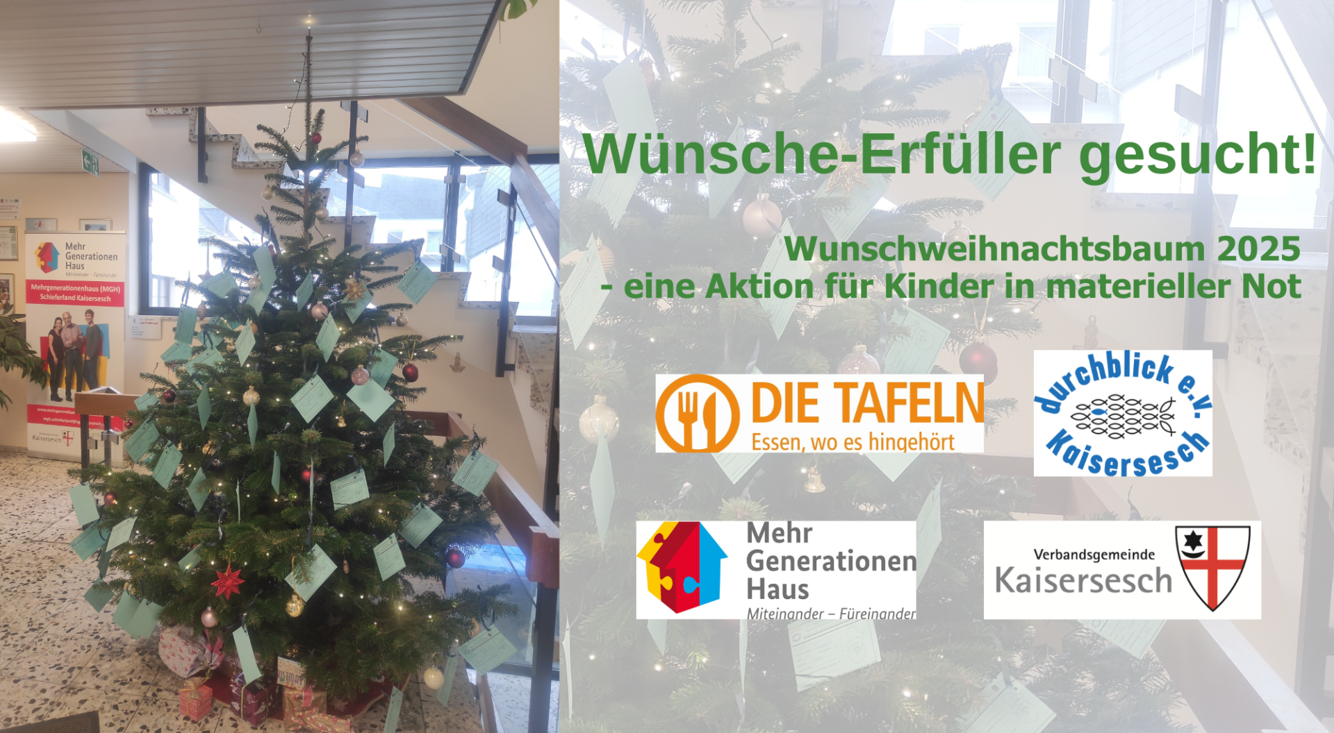 Geschmückter Weihnachtsbaum mit dem Hinweis auf die Aktion Wunschweihnachtsbaum mit Logos der teilnehmenden Institutionen.