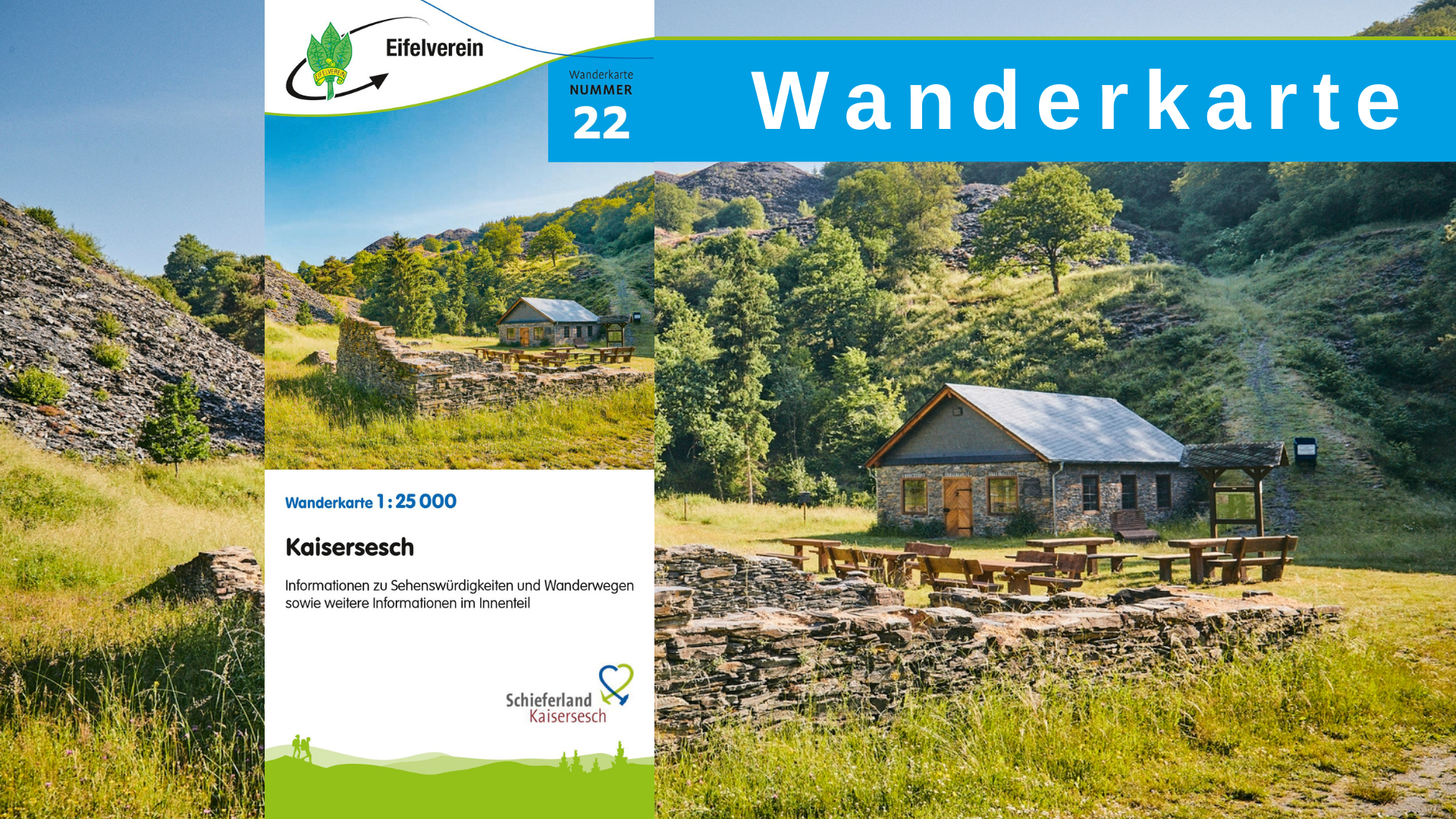 Eine steinerne Ruine steht im Vordergrund eines Bildes, das das Spalthaus mit Sitzgelegenheiten im Freien vor einer bewaldeten Hügelkulisse (Kaulenbachtal) zeigt. Das Bild ist an einem sonnigen Tag aufgenommen und hat eine friedliche und rustikale Atmosphäre. Auf dem Foto liegt ein weiteres Foto, das die Wanderkarte mit der Nummer 22 zeigt.