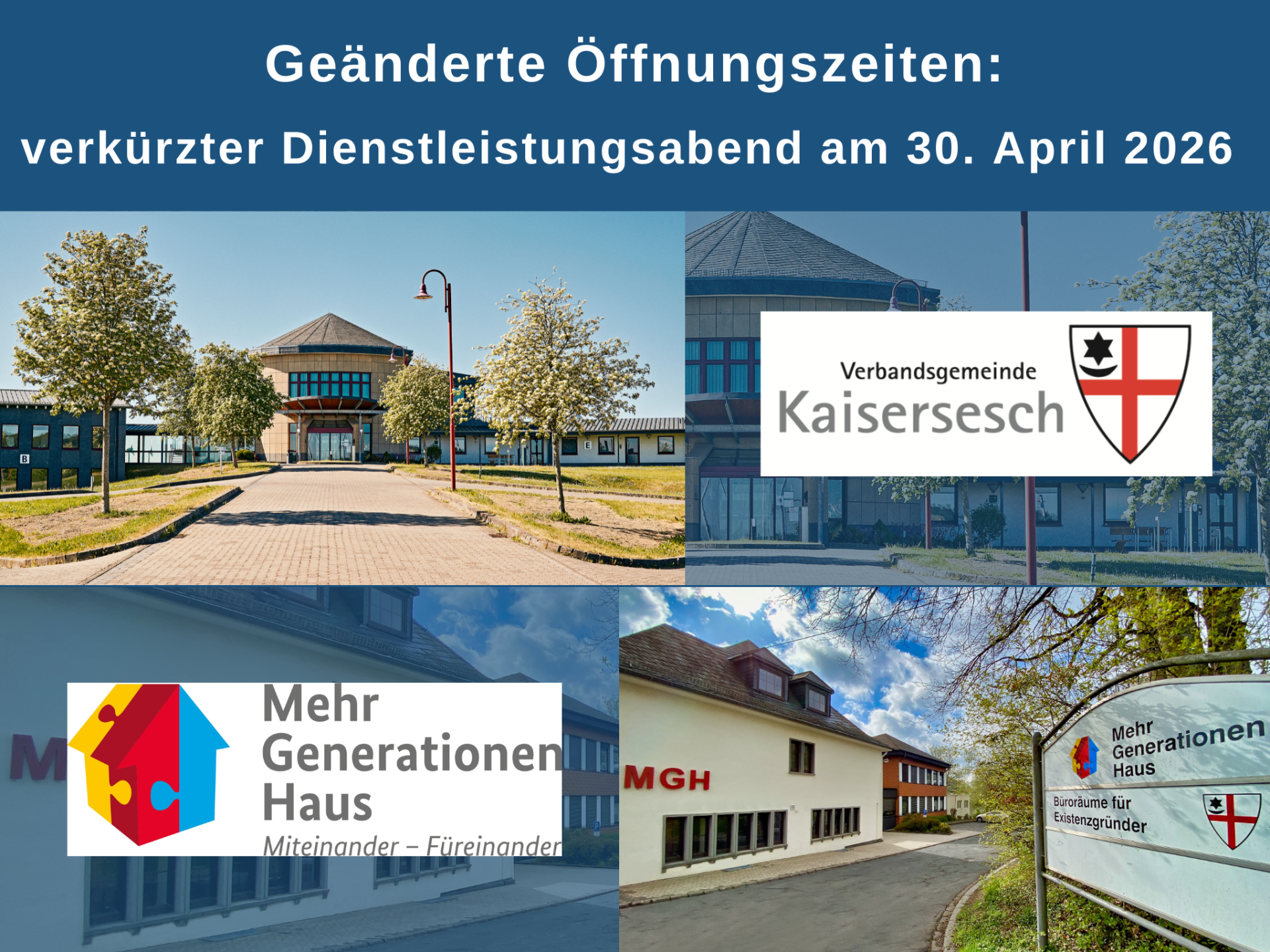 Collage mit Fotos der Verwaltung und des Mehrgenerationenhauses Schieferland Kaisersesch. Weiterhin sind die Logos der Verbandsgemeinde Kaisersesch und des Mehrgenerationenhauses Schieferland Kaisersesch zu sehen.