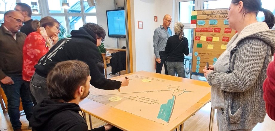 Eine Gruppe von Menschen versammelt sich um einen Tisch, um an einer Tafel zu schreiben und zu zeichnen. Einige stehen, während eine Person im Rollstuhl sitzt und an dem Projekt mitarbeitet.