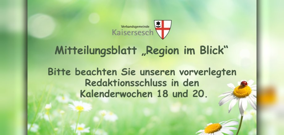 Frühlingshaftes Foto mit dem Hinweis auf den vorverlegten Redaktionsschluss des Mitteilungsblattes in den Kalenderwochen 18 und 20. Das Bild zeigt eine Ankündigung der Verbandsgemeinde Kaisersesch, die auf dem Hintergrund einer frühlingshaften Wiese mit Gänseblümchen platziert ist. Ein Marienkäfer sitzt auf einem der Gänseblümchen. Der Text informiert über das Mitteilungsblatt „Region im Blick“ und bittet darum, den vorverlegten Redaktionsschluss in den Kalenderwochen 18 und 20 zu beachten. Oben rechts ist das Wappen der Verbandsgemeinde Kaisersesch zu sehen.
