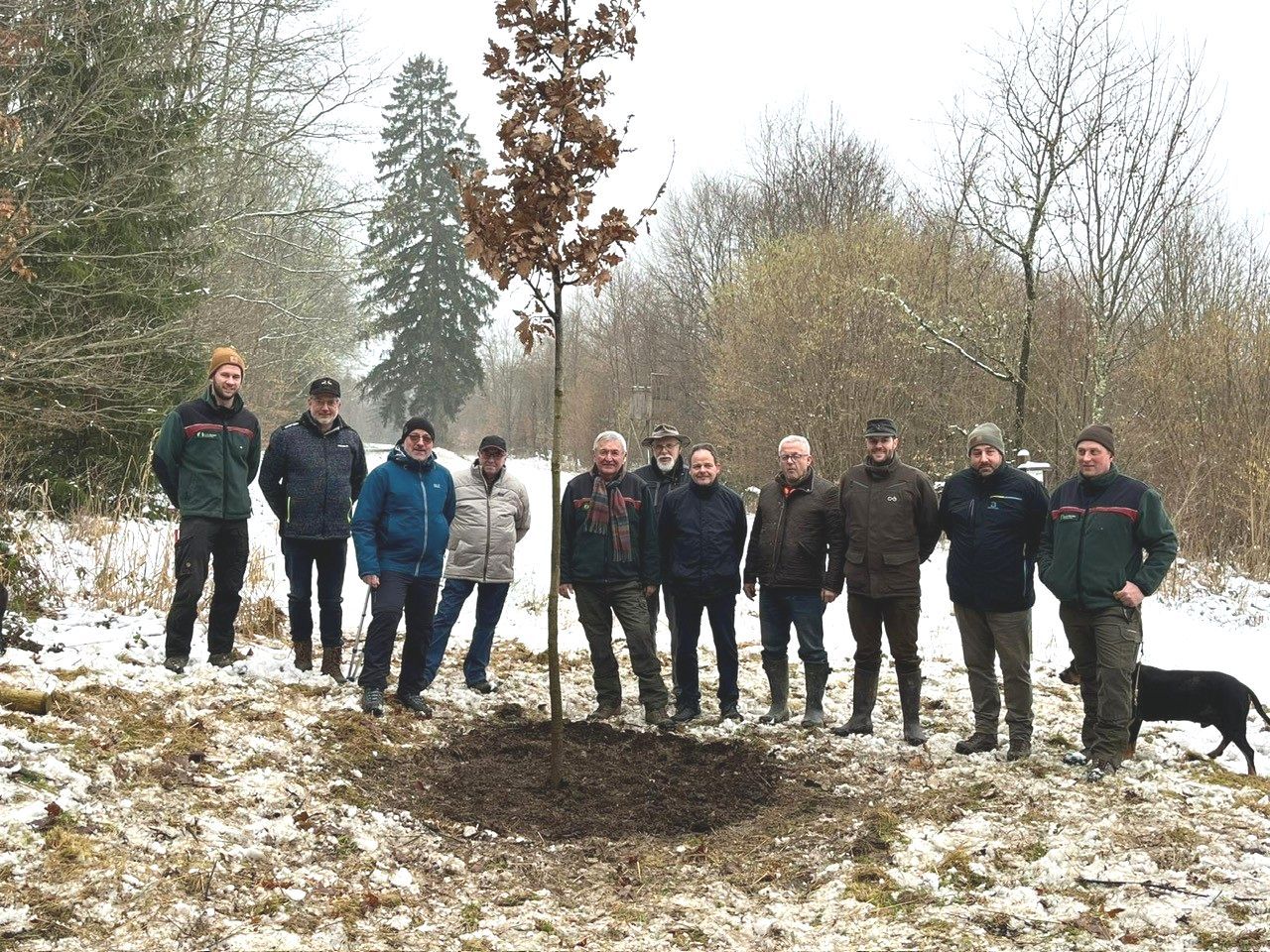 Gruppenfoto anlässlich der Pflanzung einer Eiche, als Erinnerungsbaum für Revierleiter Michael Fohl. Elf Personen stehen um die neu gepflanzte Eiche auf einer Lichtung im Revier Hochpochten/Masburg. Es ist ein winterliches Bild und im Hintergrund liegt Schnee.