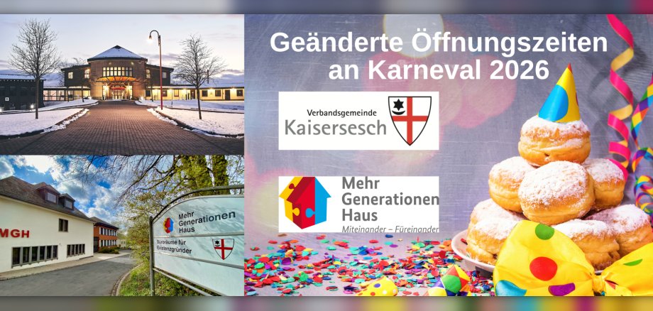 Collage mit dem Verwaltungsgebäude und dem Mehrgenerationenhaus Schieferland Kaisersesch. Weiterhin sind Konfetti, ein Teller mit gestapelten Berlinern, Luftschlangen und die beiden Logos der Verbandsgemeinde Kaisersesch und des Mehrgenerationenhauses Schieferland Kaisersesch zu sehen.