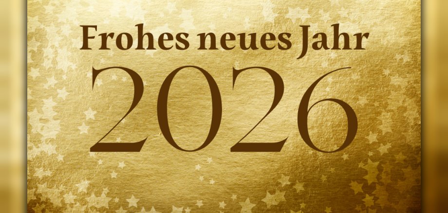 Der Schriftzug „Frohes neues Jahr 2026“ steht auf einem goldenen Blatt, das mit weißen Sternen versehen ist. 