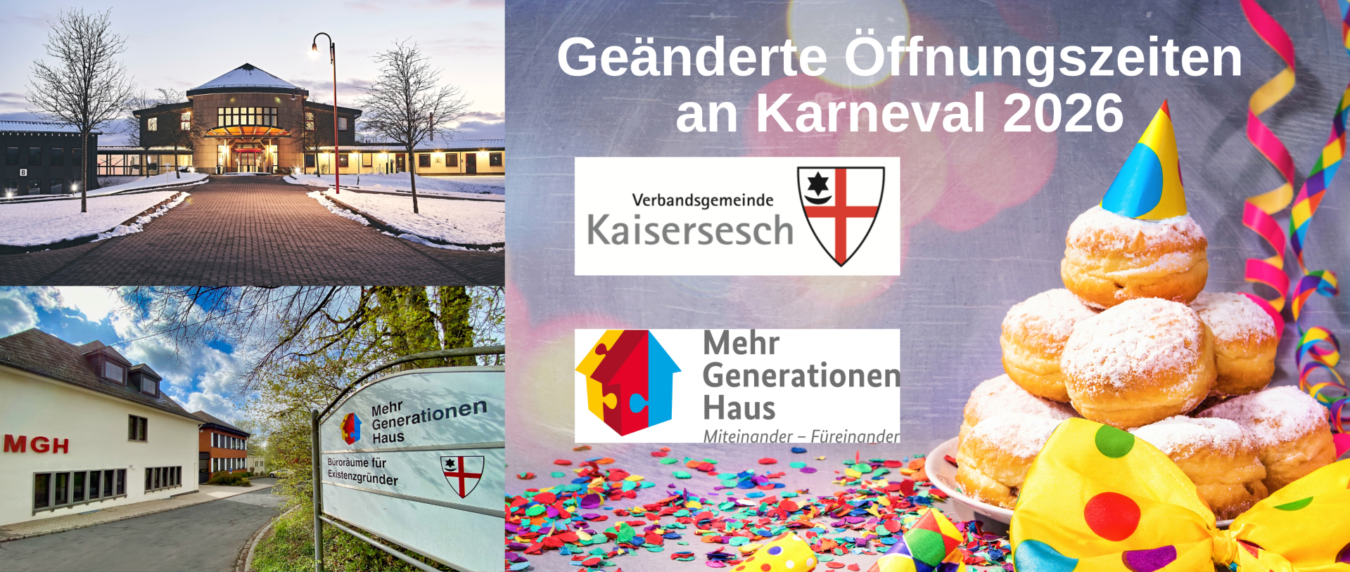 Collage mit dem Verwaltungsgebäude und dem Mehrgenerationenhaus Schieferland Kaisersesch. Weiterhin sind Konfetti, ein Teller mit gestapelten Berlinern, Luftschlangen und die beiden Logos der Verbandsgemeinde Kaisersesch und des Mehrgenerationenhauses Schieferland Kaisersesch zu sehen.