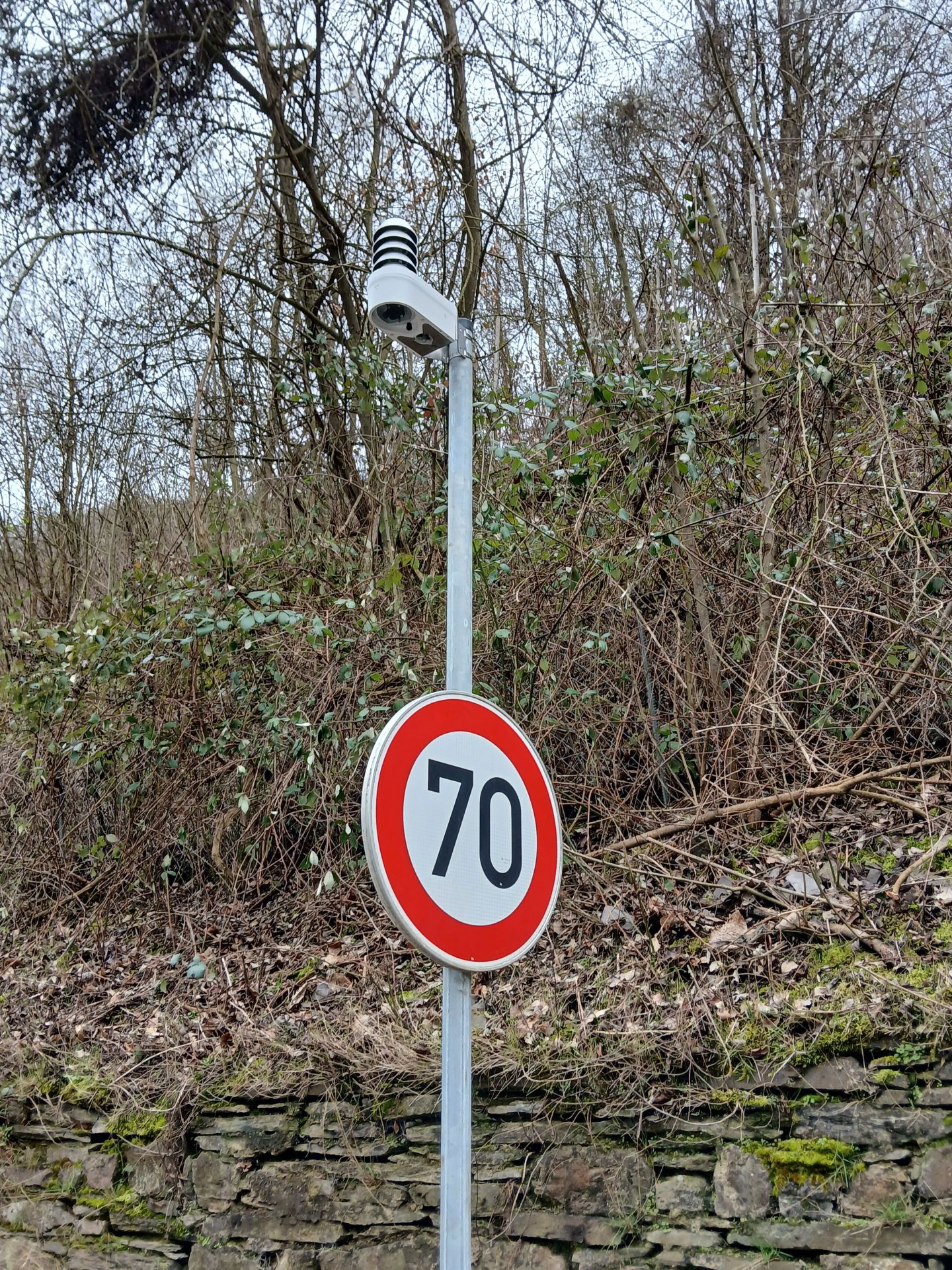 Straßenschild mit der Begrenzung auf 70 Kilometer pro Stunde. Oben auf der Stange ist ein Temperatur- und Feuchtesensoren-System zu sehen. Im Hintergrund sind eine Mauer mit Steinen sowie Sträucher und Bäume zu sehen.
