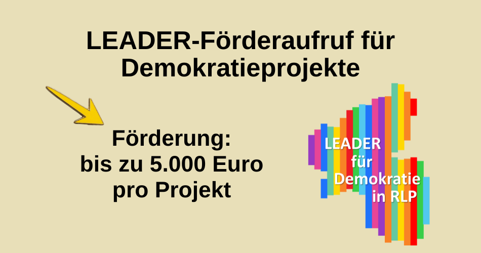 Hinweis auf die Leader-Förderung zum Demokratieabbau mit einem bunten Logo.