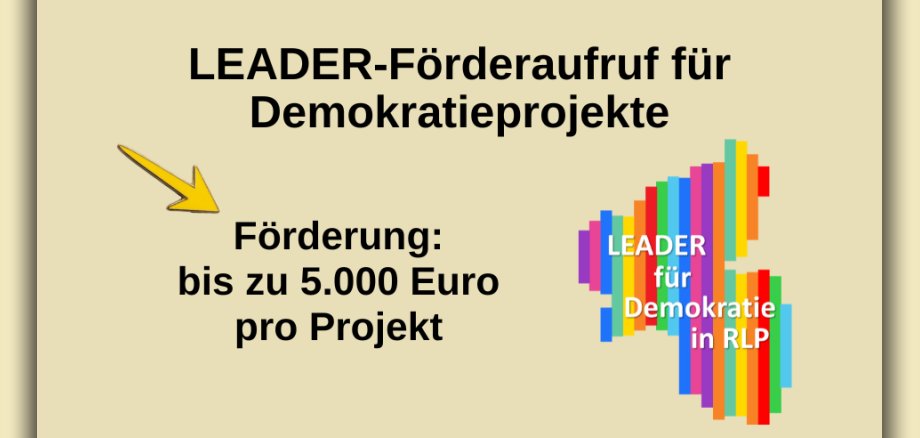 Hinweis auf die Leader-Förderung zum Demokratieabbau mit einem bunten Logo. Hinweis auf die Leader-Förderung zum Demokratieabbau mit einem bunten Logo.