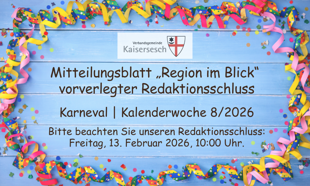 Bunte Luftschlangen umgeben das Foto, auf dem der Hinweis zum Redaktionsschluss des Mitteilungsblattes steht.