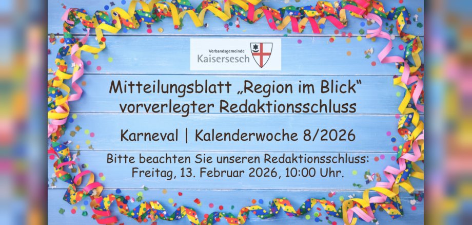 Bunte Luftschlangen umgeben das Foto, auf dem der Hinweis zum Redaktionsschluss des Mitteilungsblattes steht.