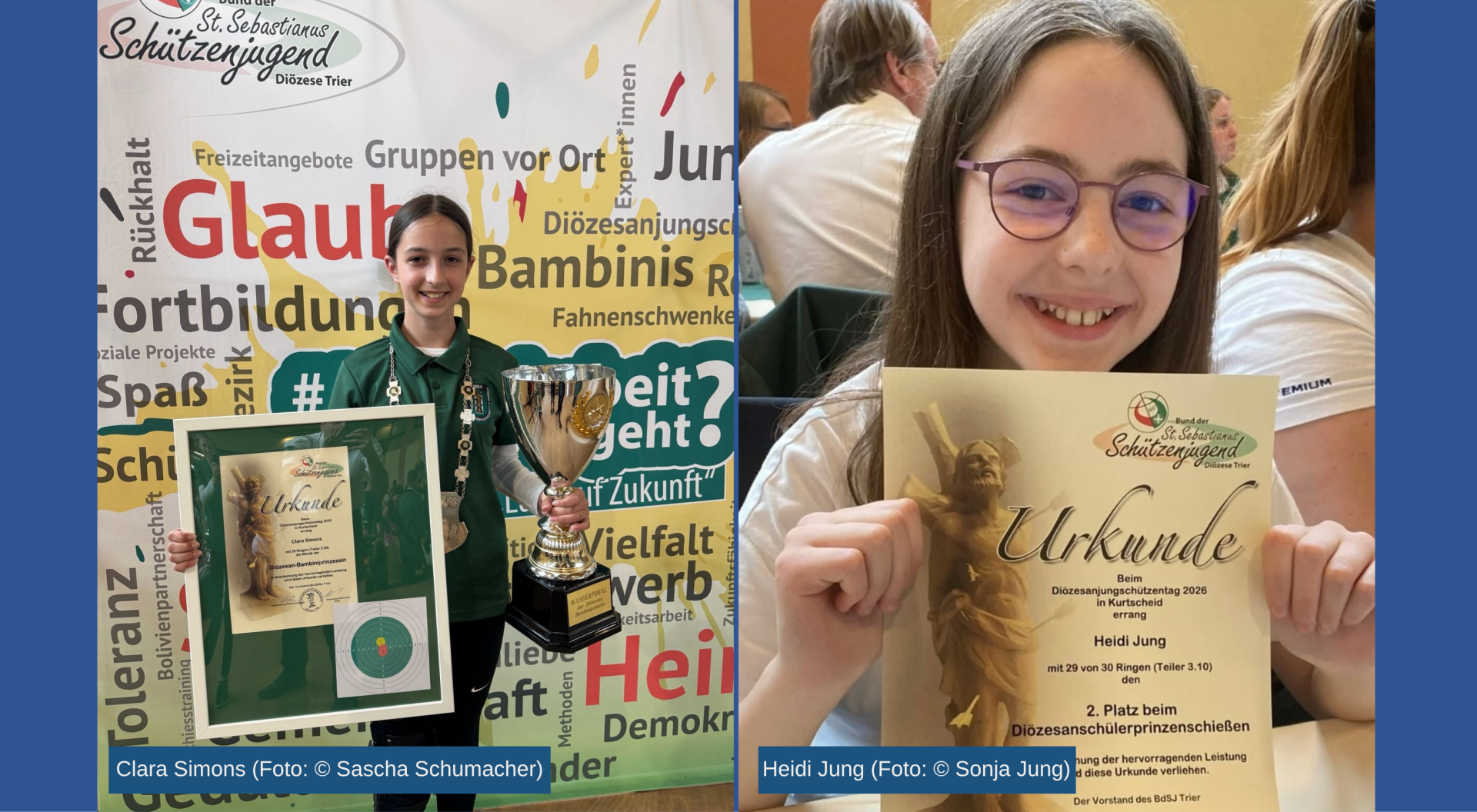 Dieses Bild ist eine Collage, die zwei junge Schützinnen bei einer Preisverleihung der St. Sebastianus Schützenjugend, Diözese Trier, zeigt: * **Links:** Clara Simons präsentiert stolz eine eingerahmte Urkunde und einen großen Wanderpokal. Sie wurde zur „Diözesan-Bambiniprinzessin“ gekürt. Der Hintergrund ist ein Banner mit verschiedenen Begriffen rund um die Jugendarbeit. * **Rechts:** Heidi Jung hält eine Urkunde in die Kamera. Sie hat beim Diözesanschülerprinzenschießen in Kurtscheid den 2. Platz erreicht. 