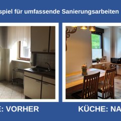 Die obere blaue Fläche zeigt den Titel "Ein Musterbeispiel für umfassende Sanierungsarbeiten in Kaifenheim". Darunter befinden sich zwei nebeneinander angeordnete Bilder, die eine Küche vor und nach einer Renovierung darstellen. Das linke Bild, gekennzeichnet mit "KÜCHE: VORHER", zeigt eine ältere, funktionale Küche. Das dominierende Material ist hellbraunes Holz und beige Fliesen. Ein großer, rechteckiger Heizkörper aus Holzlamellen steht an der Wand unter einem Fenster mit aufgerollter Jalousie und hellen Spitzgardinen. An der Seite sind Holzstühle zu sehen. Die Küchenzeile besteht aus oberhalb angebrachten weißen Schränken, einer Arbeitsplatte mit einer Spüle und Armatur sowie darunterliegenden weißen Unterschränken. Die Wände sind in einem hellen, leicht gelblichen Ton gehalten, und der Boden ist mit quadratischen, beigefarbenen Fliesen ausgelegt. Das rechte Bild, gekennzeichnet mit "KÜCHE: NACHHER", präsentiert die Küche nach der Modernisierung. Der Raum wirkt heller, moderner und geräumiger. An der Wand über dem Essbereich ist eine Hirschkopf-Silhouette angebracht, und an der rechten Wand sind graue Berge als Wanddekoration zu sehen. Ein Holztisch mit vier Stühlen steht im Vordergrund. Der Tisch ist mit einer grauen Tischdecke bedeckt und darauf steht eine Vase mit bunten Blumen. Der Boden ist nun mit hellbraunen Holzdielen ausgelegt. Die Küchenmöbel sind modern, mit dunklen Fronten und Holzakzenten. An der linken Seite befindet sich eine Arbeitsfläche mit mehreren Elektrogeräten, darunter zwei Kaffeemaschinen und eine Mikrowelle. An der rechten Seite sind dunkle Küchenschränke mit Holzgriffen und eine dunkle Arbeitsplatte mit einer integrierten Kochfläche zu sehen. Die Fenster sind mit modernen, hellen Plissees ausgestattet. Die Beleuchtung scheint von oben zu kommen und wirft warme Lichtkegel, die durch die geometrisch gemusterten Lampenschirme fallen. Die Farben im rechten Bild sind dunkler und gedämpfter, aber durch die neuen Materialien und die hellere Wandgestaltung wirkt der Raum insgesamt heller und ansprechender.