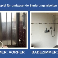 Das Bild zeigt zwei nebeneinanderliegende Fotografien eines Badezimmers, die den Zustand vor und nach einer Renovierung darstellen. Über den beiden Bildern befindet sich eine Überschrift in weißer Schrift auf blauem Hintergrund: "Ein Musterbeispiel für umfassende Sanierungsarbeiten in Kaifenheim". Unter den Bildern stehen die Beschriftungen "BADEZIMMER: VORHER" auf der linken Seite und "BADEZIMMER: NACHHER" auf der rechten Seite, ebenfalls in weißer Schrift auf blauem Hintergrund. Das linke Bild, das das Badezimmer vor der Renovierung zeigt, ist etwas dunkler und zeigt eine Dusche mit einer gefalteten Glastür, die leicht trüb wirkt. Die Duschwand ist mit dunkelroten Kacheln verkleidet, die in einem quadratischen Muster angeordnet sind. Rechts an der Wand hängt ein graues Handtuch. Im Vordergrund befindet sich ein Waschbecken, das auf einem dunklen Sockel steht. Neben dem Waschbecken sind einige Pflegeprodukte und Behälter auf einem Regal angeordnet. Die Beleuchtung ist eher diffus und die Farben sind gedämpft. Das rechte Bild präsentiert das Badezimmer nach der Renovierung. Es ist hell und modern gestaltet. Die Wände sind durchgehend mit großen, weißen Kacheln gefliest. Auf der mittleren Höhe der Wand verläuft ein schmaler Zierstreifen aus kleinen, abwechselnd hellen und dunklen Mosaiksteinen. Zu sehen ist ein Teil der Duschkabine mit einer modernen Duscharmatur, einem Duschkopf an einer Stange und zwei kleineren Spendern für Seife oder Shampoo. Der Boden der Dusche scheint aus dunkleren grauen Fliesen zu bestehen. Die Farben sind hell und klar, was auf eine moderne und saubere Ästhetik hindeutet. Die Komposition ist eine klassische Gegenüberstellung von "Vorher" und "Nachher", um die durch die Sanierungsarbeiten erzielte Verbesserung zu verdeutlichen. Beide Fotos sind rechteckig und von einem schmalen weißen Rahmen umgeben. Die Gesamtkomposition ist symmetrisch, mit den beiden Bildern auf gleicher Höhe und den Texten darunter zentriert.