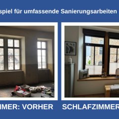 Das Bild zeigt zwei nebeneinander liegende Fotografien, die einen Vergleich vor und nach einer Renovierung darstellen. Über den Fotos steht in weißer Schrift auf dunkelblauem Hintergrund der Text "Ein Musterbeispiel für umfassende Sanierungsarbeiten in Kaifenheim". Unter der linken Fotografie steht in weißer Schrift auf dunkelblauem Hintergrund "SCHLAFZIMMER: VORHER" und unter der rechten Fotografie "SCHLAFZIMMER: NACHHER". Die linke Fotografie, die den Zustand VORHER zeigt, präsentiert einen Raum mit sichtbaren Spuren von Verfall und Renovierungsarbeiten. Im Vordergrund liegt ein Holzboden, der eher dunkel und leicht abgenutzt wirkt. Darauf liegen verschiedene Gegenstände, die auf eine Baustelle hindeuten: Werkzeuge, Kartons, Farbeimer und andere Materialien. Die Wände sind in einem ungleichmäßigen Beigeton gestrichen und weisen an manchen Stellen Flecken und Abnutzungsspuren auf. Das dominanteste Element im Bild ist ein großes Fenster mit mehreren Segmenten und einer dunklen, hölzernen Fensterumrandung. Durch das Fenster blickt man auf eine Steinfassade, die auf ein älteres Gebäude hindeutet, möglicherweise eine Kirche oder ein historisches Gebäude mit einem Turm. Die Scheiben des Fensters sind verschmutzt, und das Licht, das hereinfällt, wirkt eher diffus. Links neben dem großen Fenster befindet sich ein kleineres, einflügliges Fenster mit ähnlicher Gliederung und einem ähnlichen Ausblick. Die Gesamtkomposition der linken Fotografie vermittelt einen Eindruck von Verlassenheit und Renovierungsbedarf. Die rechte Fotografie, die den Zustand NACHHER zeigt, präsentiert dasselbe Zimmer nach der Renovierung. Der Raum wirkt nun hell, sauber und wohnlich. Der Boden ist ein heller Holzboden, der Wärme ausstrahlt. Die Wände sind in einem hellen, neutralen Farbton gestrichen und wirken makellos. Das Fenster ist das zentrale Element geblieben, aber es wurde modernisiert. Die Fensterumrandung ist nun dunkel und schlicht. Vor dem Fenster wurde eine breite, hölzerne Fensterbank installiert, die als Sitzgelegenheit oder Ablagefläche dient. Auf der Fensterbank sind einige dekorative Elemente platziert: ein Kissen mit einem Hirschmotiv, eine kleine Lampe, die wie ein geflochtener Schirm aussieht, und ein gerahmtes Bild. Links von der Fensterbank steht ein hellgrauer Schrank mit einer schlichten Optik, auf dem eine weiße Vase steht. Vor der Fensterbank steht eine niedrige Holzsitzbank, auf der ein Schaffell liegt. Rechts im Bild ist ein Teil eines Kleiderschranks aus hellem Holz zu sehen. Die Fenster selbst sind mit modernen Plissees versehen, die für eine angenehme Lichtstimmung sorgen. Durch die nun sauberen Fenster ist die gleiche Steinfassade wie auf der linken Fotografie zu sehen, was die Identität des Ortes bestätigt. Die Komposition der rechten Fotografie strahlt Gemütlichkeit und eine abgeschlossene, gelungene Renovierung aus. Die Farben sind überwiegend hell und warm, was einen starken Kontrast zum vorherigen Zustand bildet.