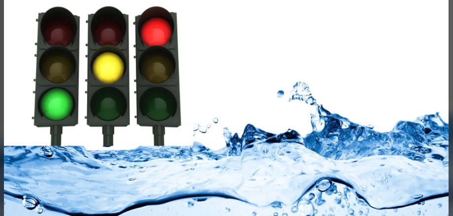 Das Bild zeigt drei Ampeln mit jeweils unterschiedlichen Lichtsignalen: grün, gelb und rot. Im Vordergrund ist eine dynamische Wasseroberfläche mit spritzenden Wellen zu sehen. Der Hintergrund ist weiß und klar.