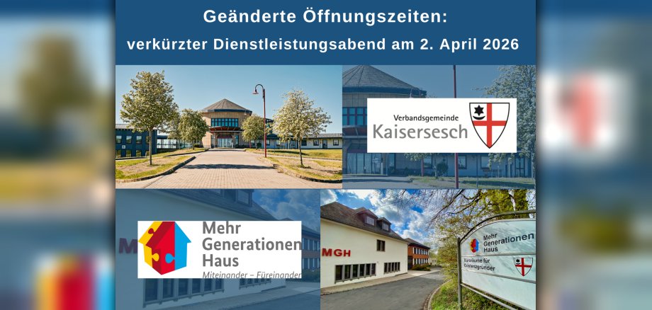 Collage mit Fotos der Verwaltung und des Mehrgenerationenhauses Schieferland Kaisersesch. Weiterhin sind die Logos der Verbandsgemeinde Kaisersesch und des Mehrgenerationenhauses Schieferland Kaisersesch zu sehen. Collage mit Fotos der Verwaltung und des Mehrgenerationenhauses Schieferland Kaisersesch. Weiterhin sind die Logos der Verbandsgemeinde Kaisersesch und des Mehrgenerationenhauses Schieferland Kaisersesch zu sehen.
