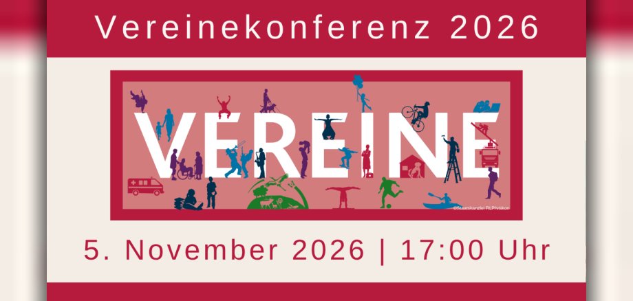 Vereinekonferenz Plakat zur „Vereinekonferenz 2026“ am 5. November 2026 um 17:00 Uhr. Zu sehen sind die großen weißen Buchstaben „VEREINE“ vor einem roten Hintergrund, umgeben von Silhouetten verschiedener Vereinsaktivitäten wie Sport, Musik, Tanz, Feuerwehr und Ehrenamt.