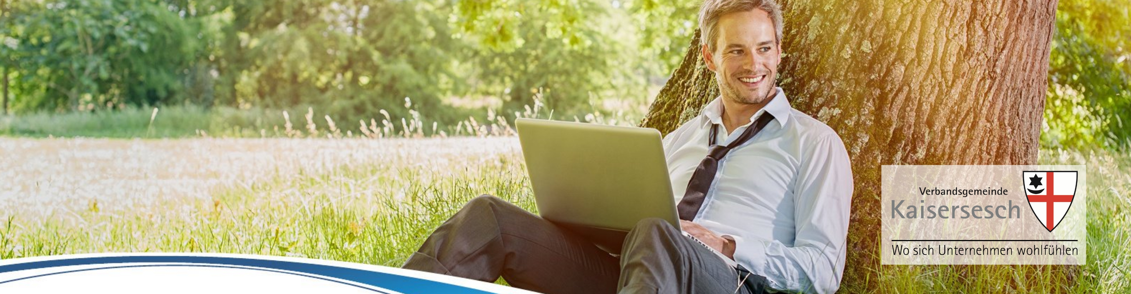 Mann mit Laptop vor einem Baum