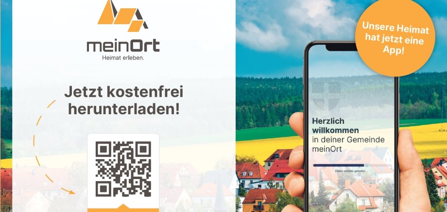 Landschaft mit Handy und meinOrt App Logo