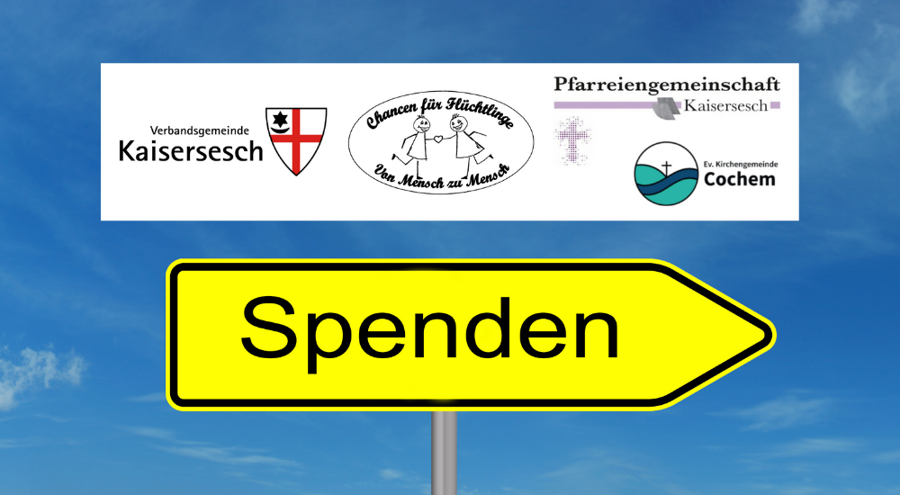 Blauer Himmel mit Verkehrsschild und Aufschrift Spenden sowie Logo Blauer Himmel mit Verkehrsschild und Aufschrift Spenden sowie Logo
