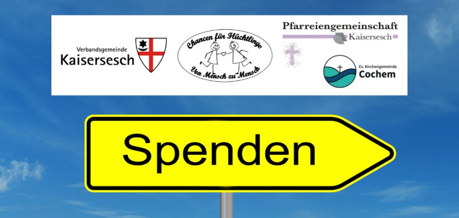 Blauer Himmel mit Verkehrsschild und Aufschrift Spenden sowie Logo