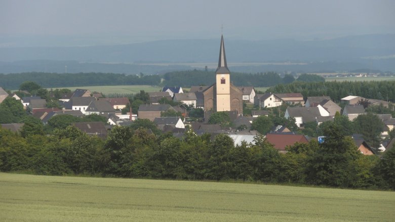 Ortsansicht der Gemeinde Hambuch: Zentraler Mittelpunkt des Fotos ist die Kirche in Hambuch. Weiterhin sieht man eine grüne Fläche mit Büschen im Vordergrund. Im Hintergrund sind Häuser der Ortsgemeinde Illerich zu sehen.