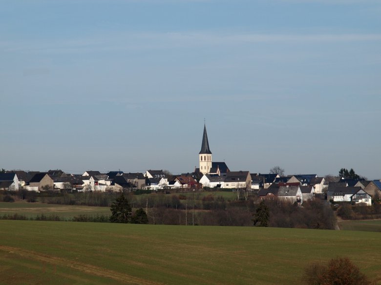 Ortsansicht der Gemeinde Illerich: Zentraler Mittelpunkt des Fotos ist die Kirche in Illerich. Weiterhin sieht man eine grüne Fläche mit Büschen im Vordergrund. Im Hintergrund sind Häuser der Ortsgemeinde Illerich zu sehen.